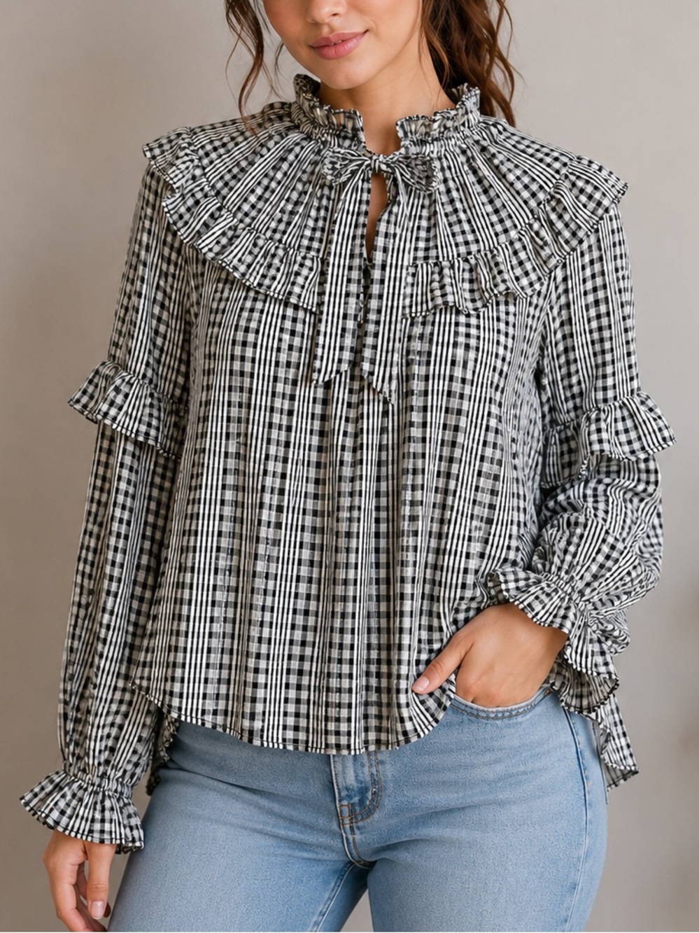 CUPIO Gingham Ruffle Babydoll Blouse Black White Tie Neck Size M